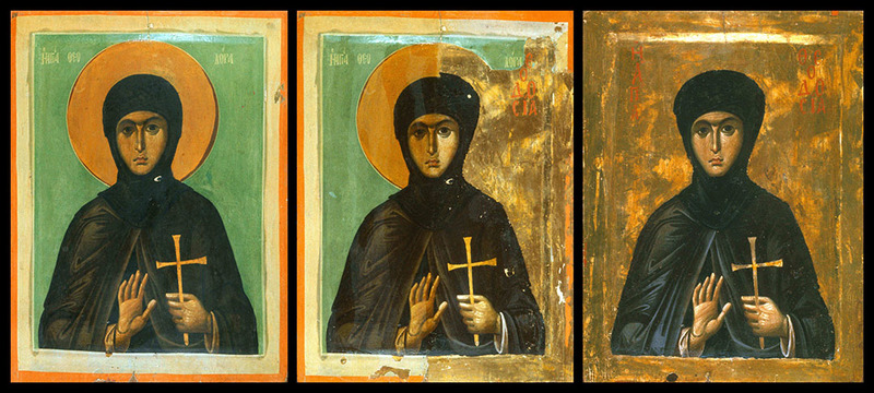 icon in three stages of restoration